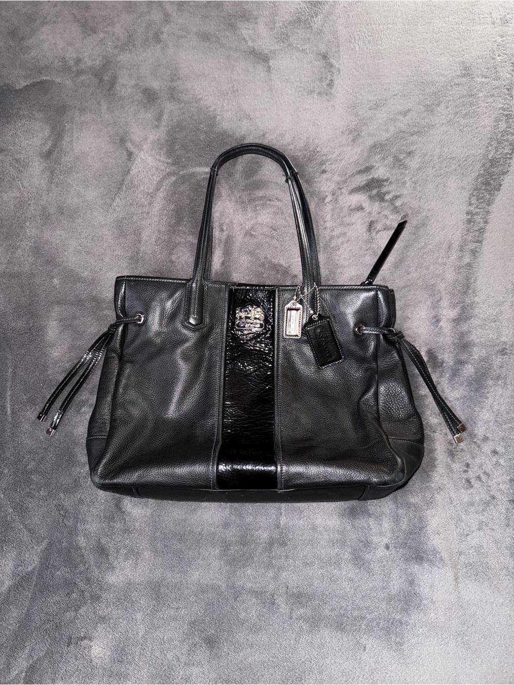COACH Chelsea Charlie Tote. Soft Black Leather W/ Patent Leather Details